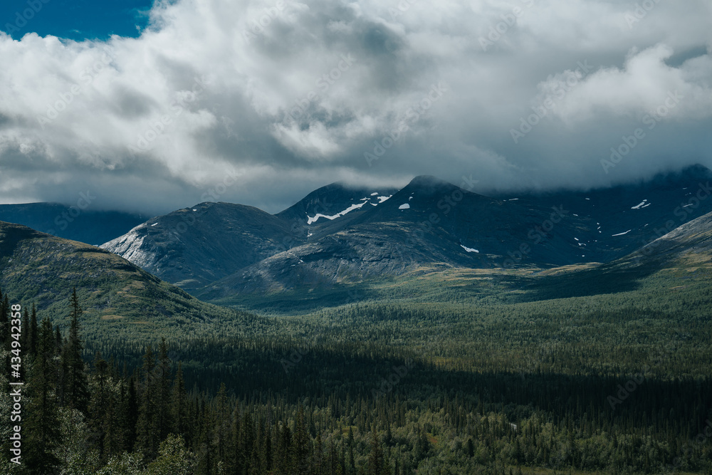 Foggy mountain peaks on the background of the tundra plants and forest. Mountain landscape in Kola Peninsula, Arctic