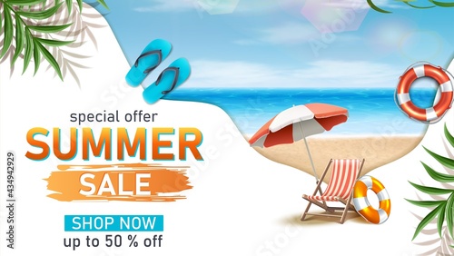 Vector summer sale horizontal banner template with summer beach elements, sun bed, umbrella and flats.