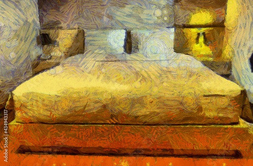 Bed in a hotel room Illustrations creates an impressionist style of painting.