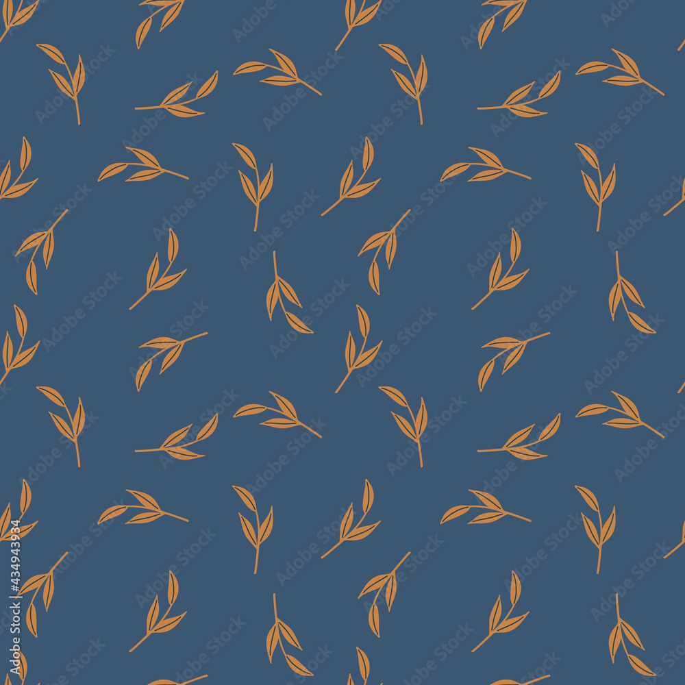 Botanic orange little random simple nordic twig ornament. Navy blue background. Seasonal fall backdrop.