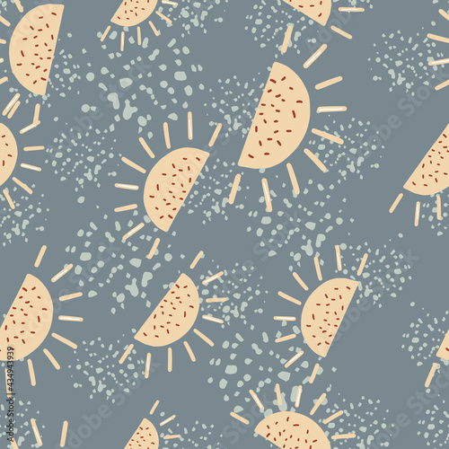 Random organic seamless pattern with orange fruit lobules print. Navy blue pale background with splashes.