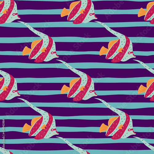 Undersea seamless pattern with exotic imperial angelfish elements shapes. Purple and blue striped background.