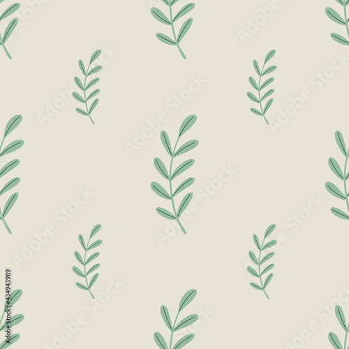 Minimalistic herbal seamless pattern with light green leaf branches elements. Grey background.