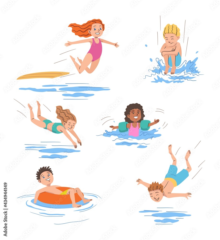 Kids jumping in pool and swiing at outdoor party. Girls and boys diving into water to swim on vacation day. Summer resort beach scene vector illustration. Happy active child having fun on holiday. Kids jumping in pool and swiing at outdoor party. Girls and boys diving into water to swim on vacation day. Summer resort beach scene vector illustration. Happy active child having fun on holiday.
