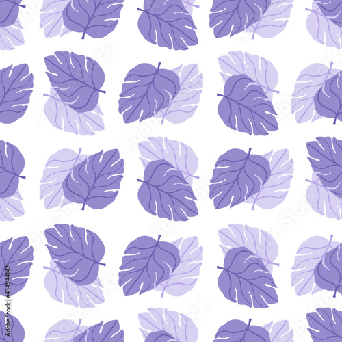 Nature exotic seamless pattern with doodle purple monstera leaf silhouettes. Isolated backdrop. © Lidok_L