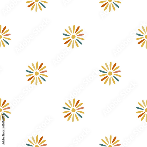 Seamlessditsy pattern in geometric style with colorful flowers ornament. White background.