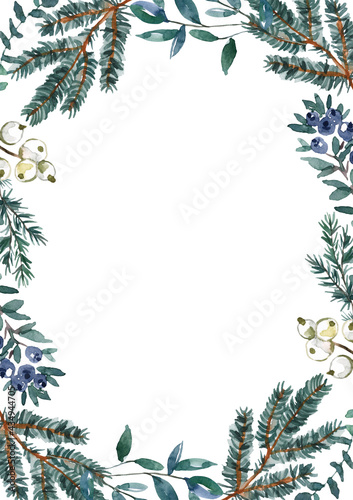 Christmas card with watercolor winter greenery, fir, spruce branches, blue leaves on white background. Rectangle frame for design. Botanical holiday border, invitation template.