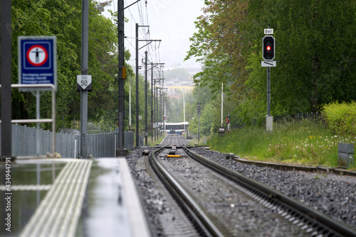 Railway tracks at SZU train station Zurich Triemli. Photo taken May 21st, 2021, Zurich Switzerland.