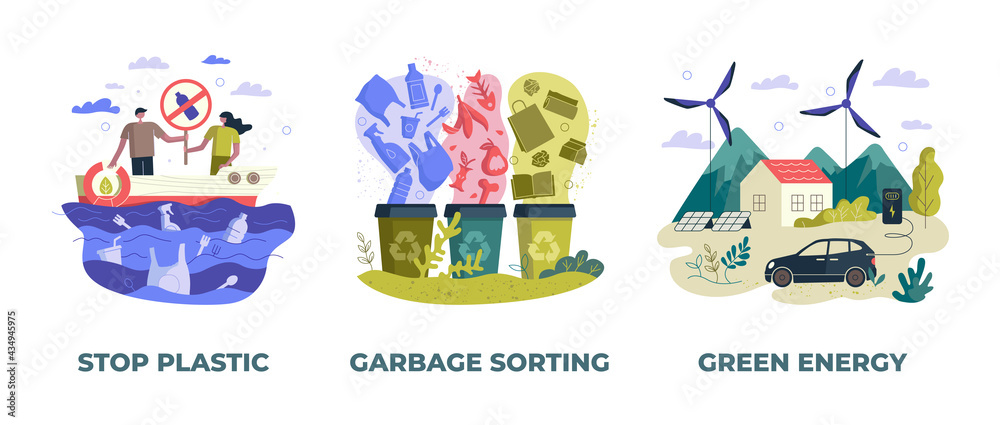 Save Earth planet ecological concept vector illustration. Environment conservation management. Stop plastic pollution, separate garbage sorting, eco-friendly green energy banner set. Clean ecology
