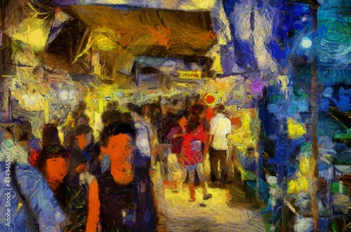 Agricultural flea market and flower shop Illustrations creates an impressionist style of painting. © Kittipong