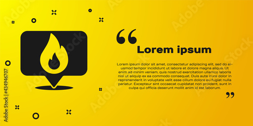 Black Map pointer with fire flame icon isolated on yellow background. Fire nearby. Vector