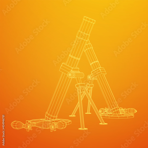 Firearm weapon army mortar and mine. Wireframe low poly mesh vector illustration