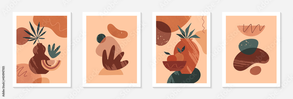 Bundle of modern abstract vector illustrations with vases,organic various shapes and leaves.Boho watercolor wall art decor.Trendy artistic designs perfect for banners;social media,covers,wallpaper. Bundle of modern abstract vector illustrations with vases,organic various shapes and leaves.Boho watercolor wall art decor.Trendy artistic designs perfect for banners;social media,covers,wallpaper.
