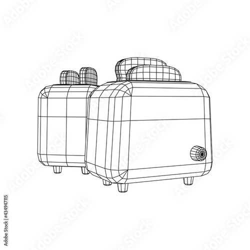 Toaster with two fried pieces of loaf prepared for a breakfast. Wireframe low poly mesh vector illustration.