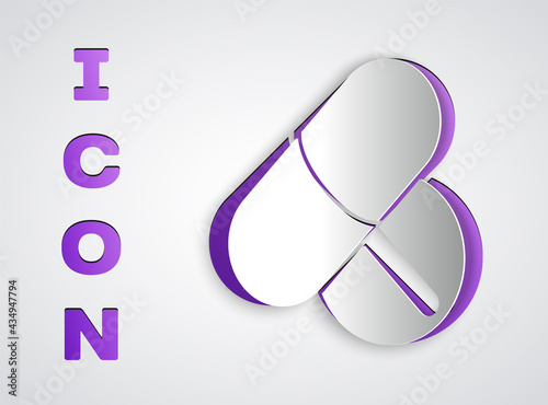 Paper cut Medicine pill or tablet icon isolated on grey background. Capsule pill and drug sign. Pharmacy design. Paper art style. Vector