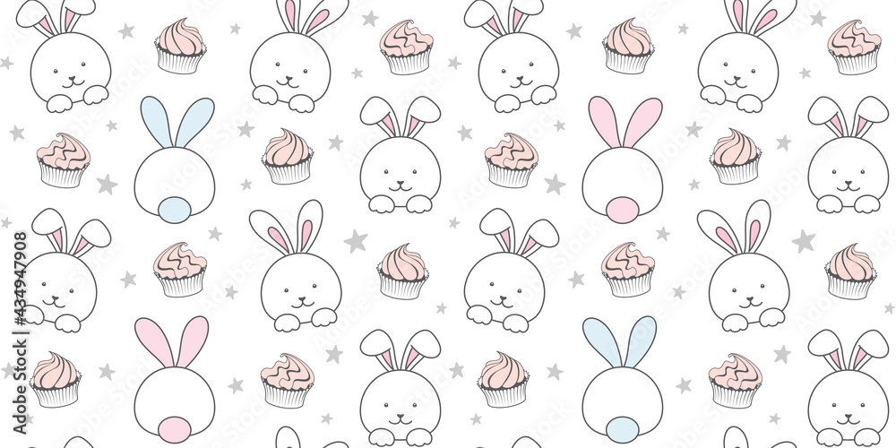 White rabbit and cupcakes on a white background with small stars. Endless texture with bunny, tiny hare. Vector seamless pattern for cover, wrapping paper, packaging, wrapper, surface texture or print