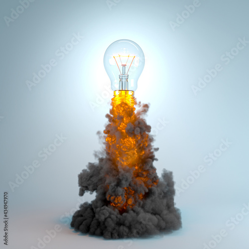 light bulb flying with smoke and flames