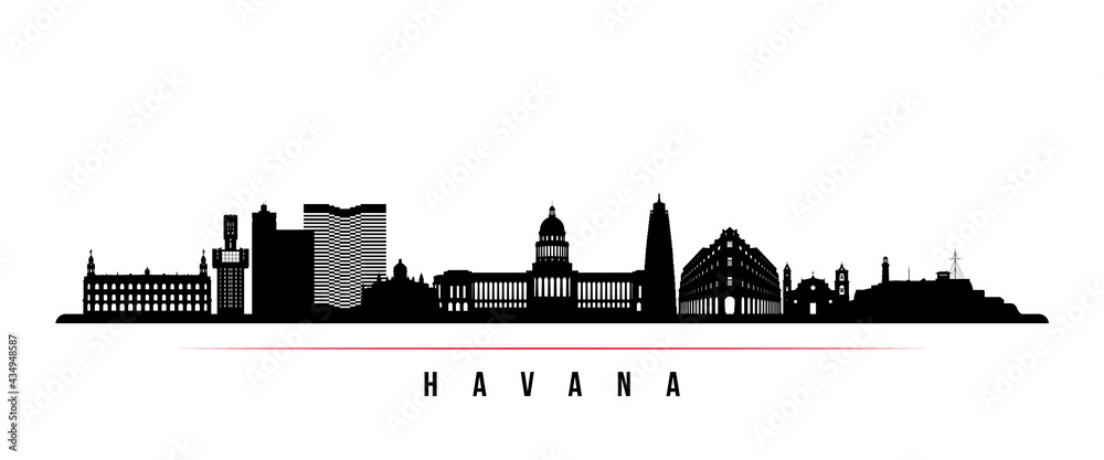 Havana skyline horizontal banner. Black and white silhouette of Havana, Cuba. Vector template for your design.