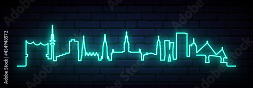 Blue neon skyline of Hamburg. Bright Hamburg City long banner. Vector illustration.