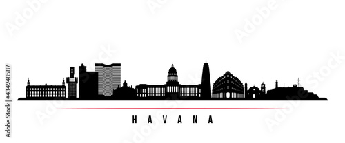 Havana skyline horizontal banner. Black and white silhouette of Havana, Cuba. Vector template for your design.