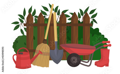 Spring garden illustration in a flat style isolated on a white background. Green bushes, fence, cart, watering can, broom, rubber red boots and shovel for gardening image