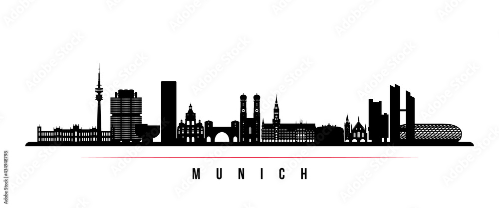 Obraz premium Munich skyline horizontal banner. Black and white silhouette of Munich, Germany. Vector template for your design.