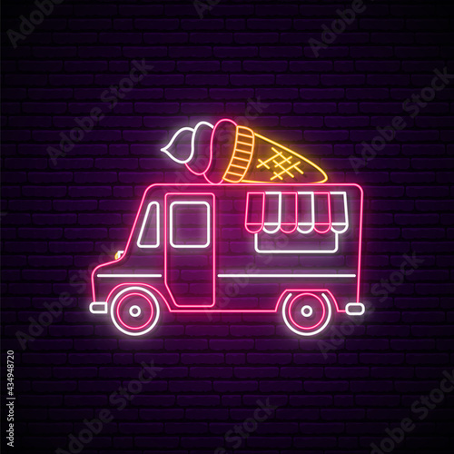 Neon ice cream truck sign. Glowing ice cream in waffle cone on food truck. Vector illustration in neon style.