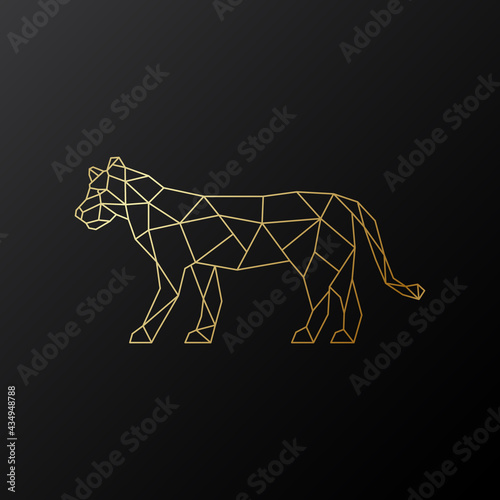 Vector geometric Lioness emblem. Golden Polygonal Lioness illustration on dark background.
