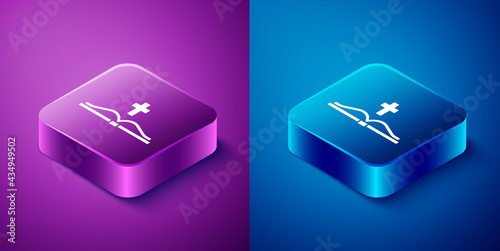 Isometric Holy bible book icon isolated on blue and purple background. Square button. Vector