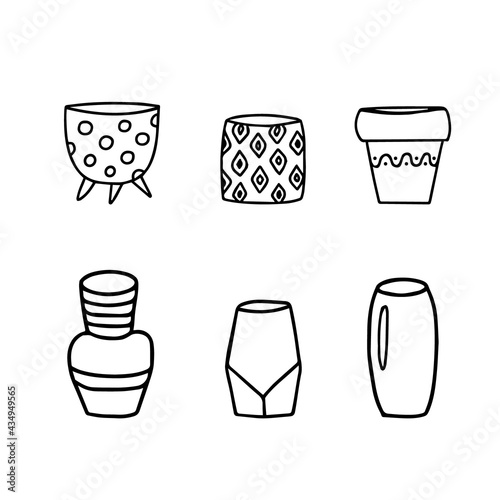 Set of flower pots and vases, interior objects outline vector sketch. Collection of hand drawn vintage plant pots and vases