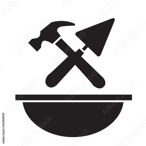 Tools, hammer and trowel, in silhouette isolated on white background.