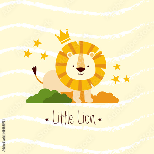 Vector illustration of a cute little lion standing behind the bush