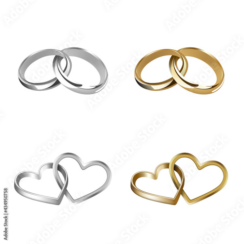 Set of gold and silver wedding rings. heart and round shaped rings. interlocking rings