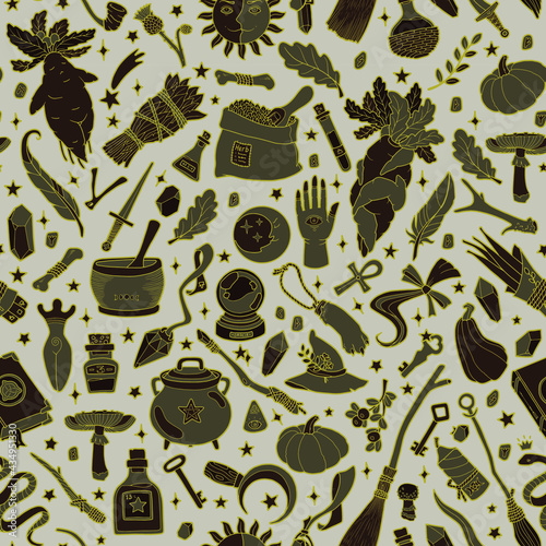 Magic seamless background. Alchemy item pattern. Occult, Wicca and Shamanism. 