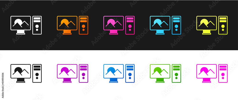 Set Photo retouching icon isolated on black and white background. Photographer, photography, retouch icon. Vector