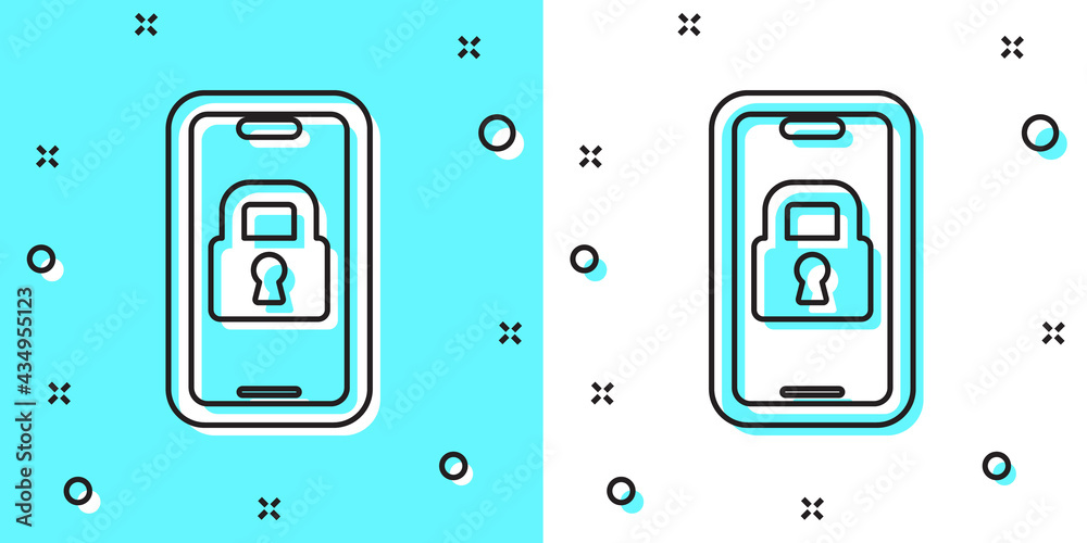 Black line Digital door lock with wireless technology for lock icon isolated on green and white background. Door handle sign. Security smart home. Random dynamic shapes. Vector Black line Digital door lock with wireless technology for lock icon isolated on green and white background. Door handle sign. Security smart home. Random dynamic shapes. Vector