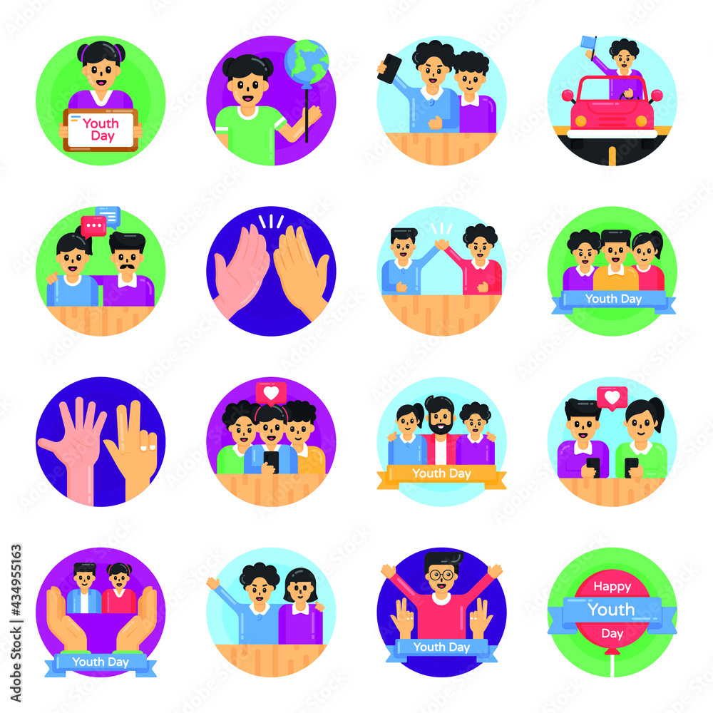 Flat Circular Icons of Happy Youth Day

