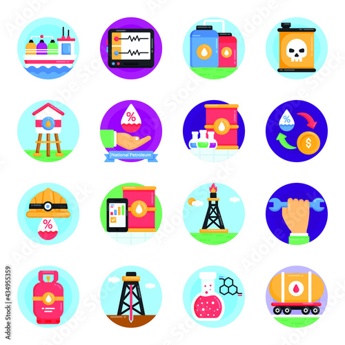 Set of Oil Industry Flat Rounded Icons 

