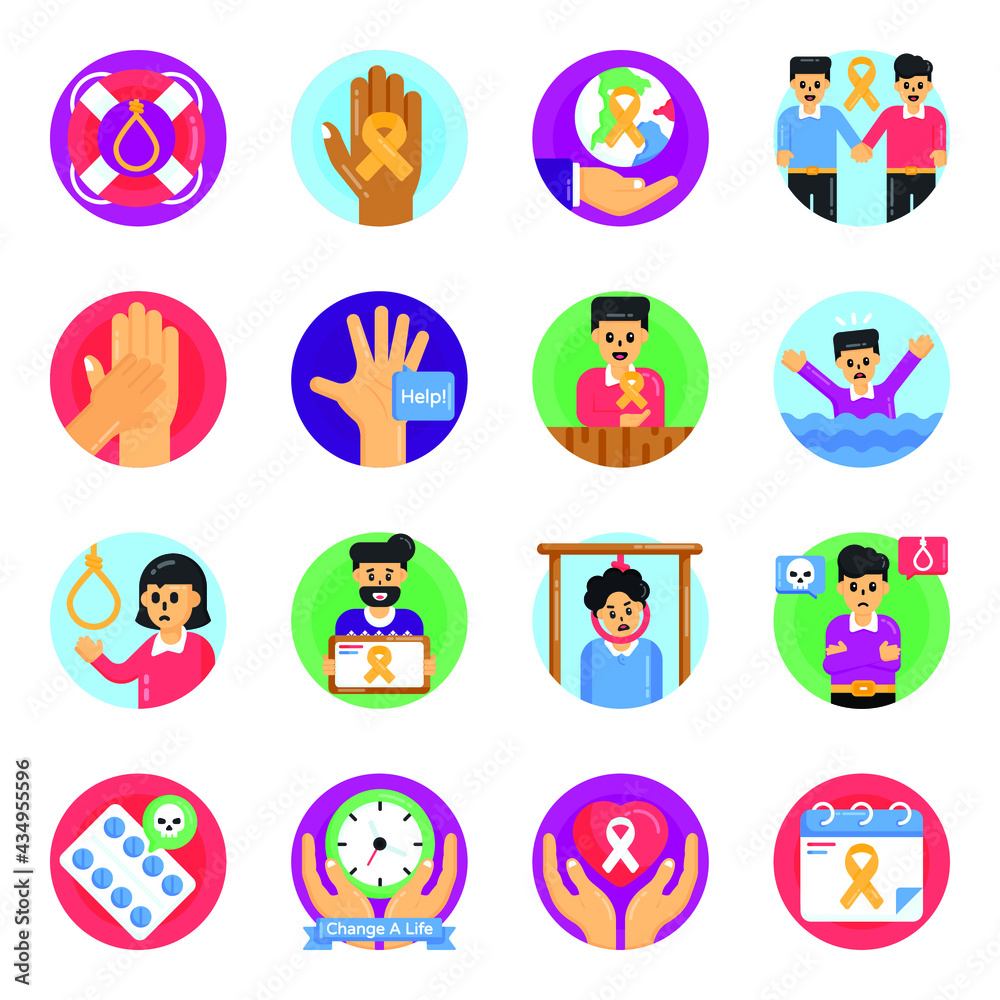 Suicide Prevention Day Flat Round Icons

