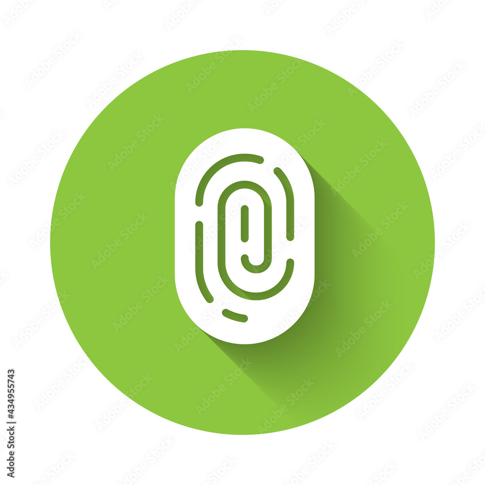 White Fingerprint icon isolated with long shadow. ID app icon. Identification sign. Touch id. Green circle button. Vector White Fingerprint icon isolated with long shadow. ID app icon. Identification sign. Touch id. Green circle button. Vector