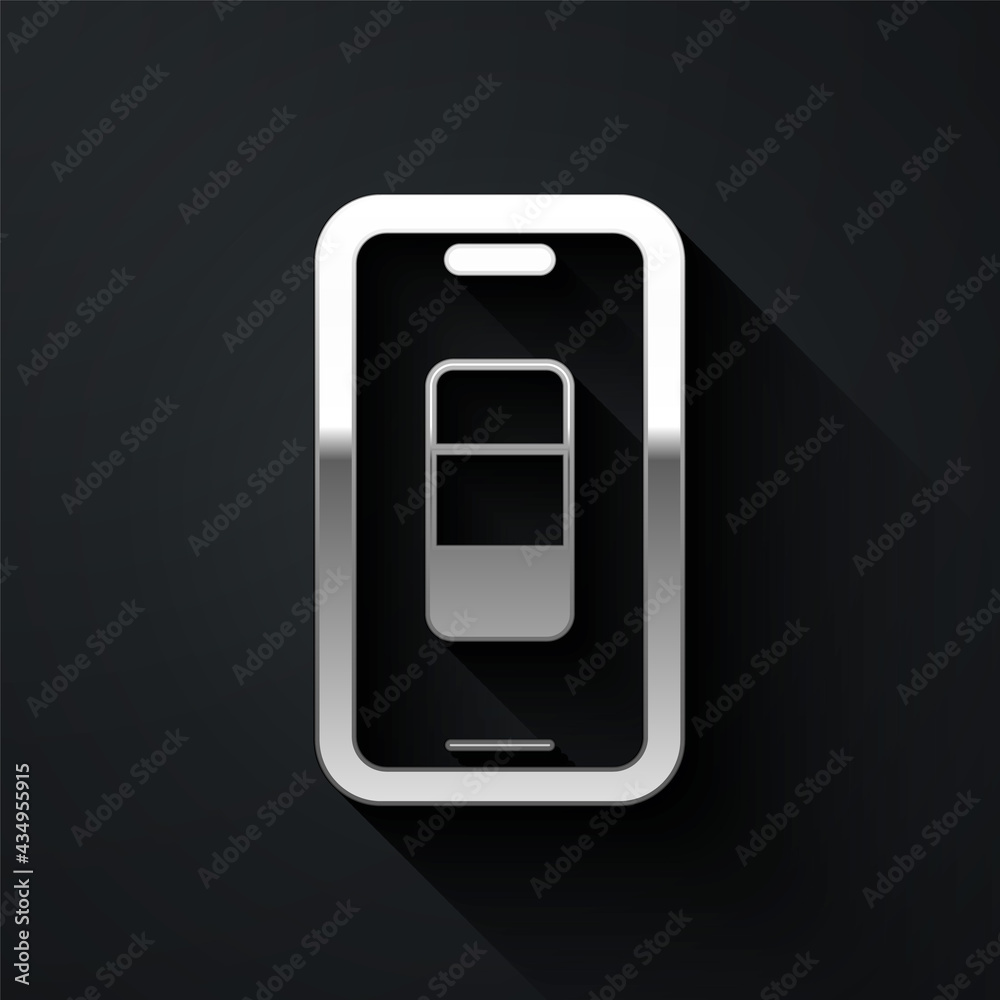Silver Smartphone battery charge icon isolated on black background. Phone with a low battery charge. Long shadow style. Vector Silver Smartphone battery charge icon isolated on black background. Phone with a low battery charge. Long shadow style. Vector