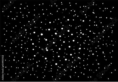 Black and white vector texture. lots of white dots, big ones in the center, small ones on the edges are placed on a black background, space dust, starry sky, explosion effects, textured design element