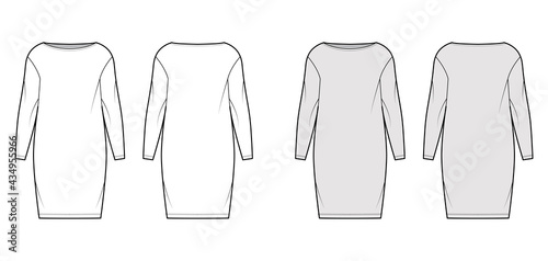 Dress sack slouchy technical fashion illustration with long sleeves, oversized body, knee length pencil skirt. Flat apparel front, back, white, grey color style. Women, men unisex CAD mockup