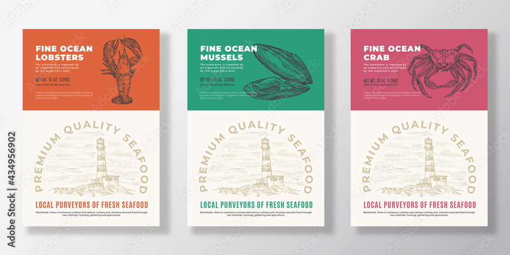 Seafood Vector Packaging Design or Label Templates Set. Ocean and Sea Products Banners. Modern Typography and Hand Drawn Lobster, Crab and Mussel Shell Silhouettes Backgrounds Layout Collection