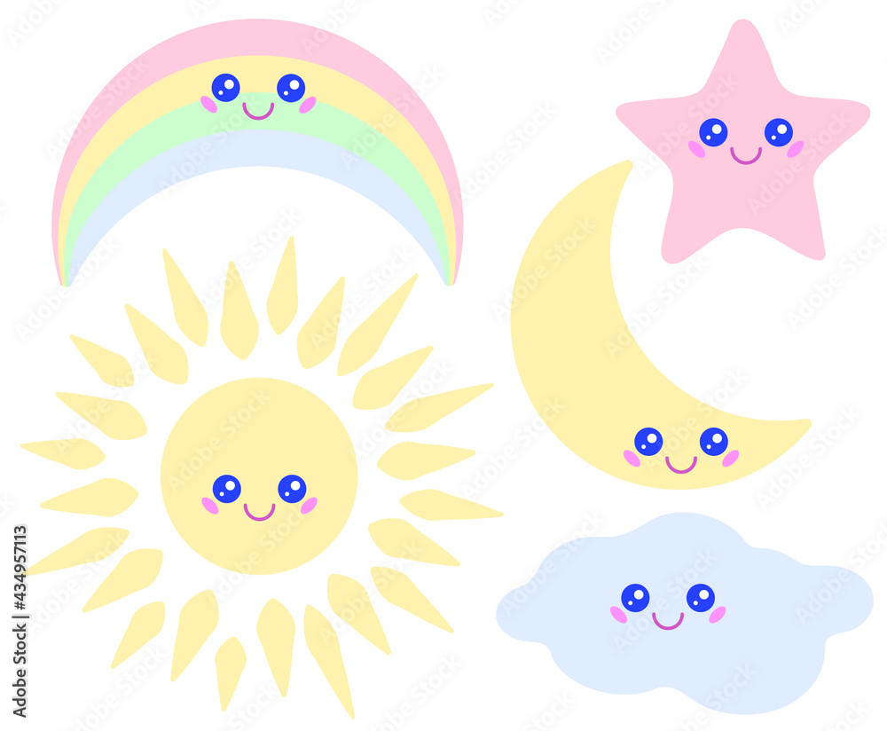 Sun emoji, kawaii star, rainbow smile, moon face and blue cloud vector collection on childish illustrations. Kawaii smiling emoji of sun, moon, star, rainbow and cloud sky objects. Baby design.