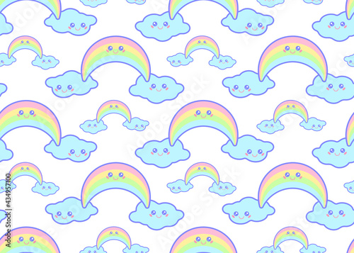 Kawaii rainbow smile face emoji blue cloud vector kids seamless pattern illustrations. Kawaii smiling emoji of rainbow and cloud sky objects. Baby design.