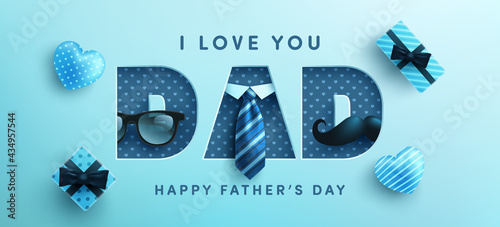 Father's Day poster or banner template with necktie,glasses and gift box on blue.Greetings and presents for Father's Day in flat lay styling.Promotion and shopping template for love dad concept