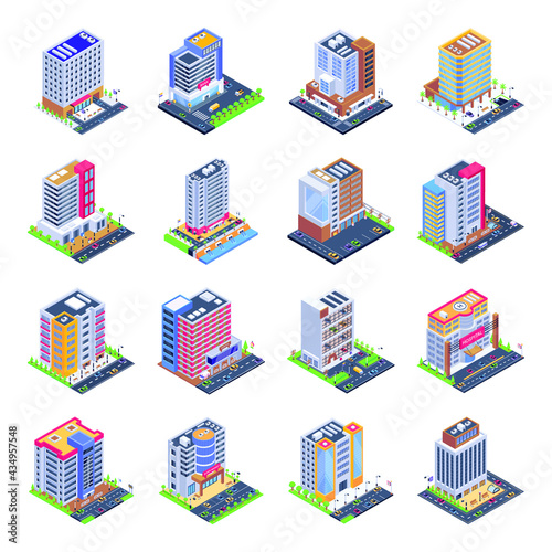 Set of City Buildings Isometric Illustrations
