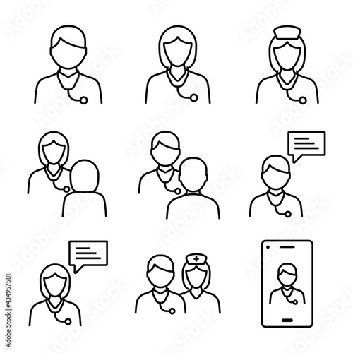 Doctor and Nurse line icons set. Contains such icons as consulting services, live chat, direct consultation, and more.