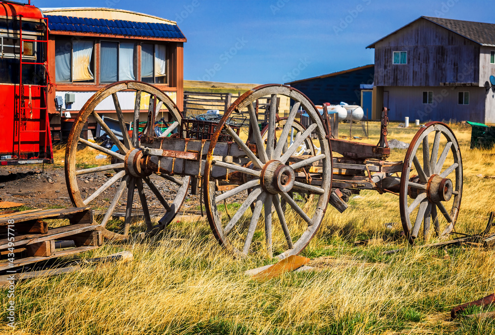 What is left of an old wooden wagon in Ingomar Montana.
